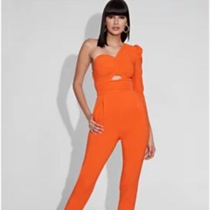 Gabrielle Union Orange One Shoulder Glam Date Night Jumpsuit